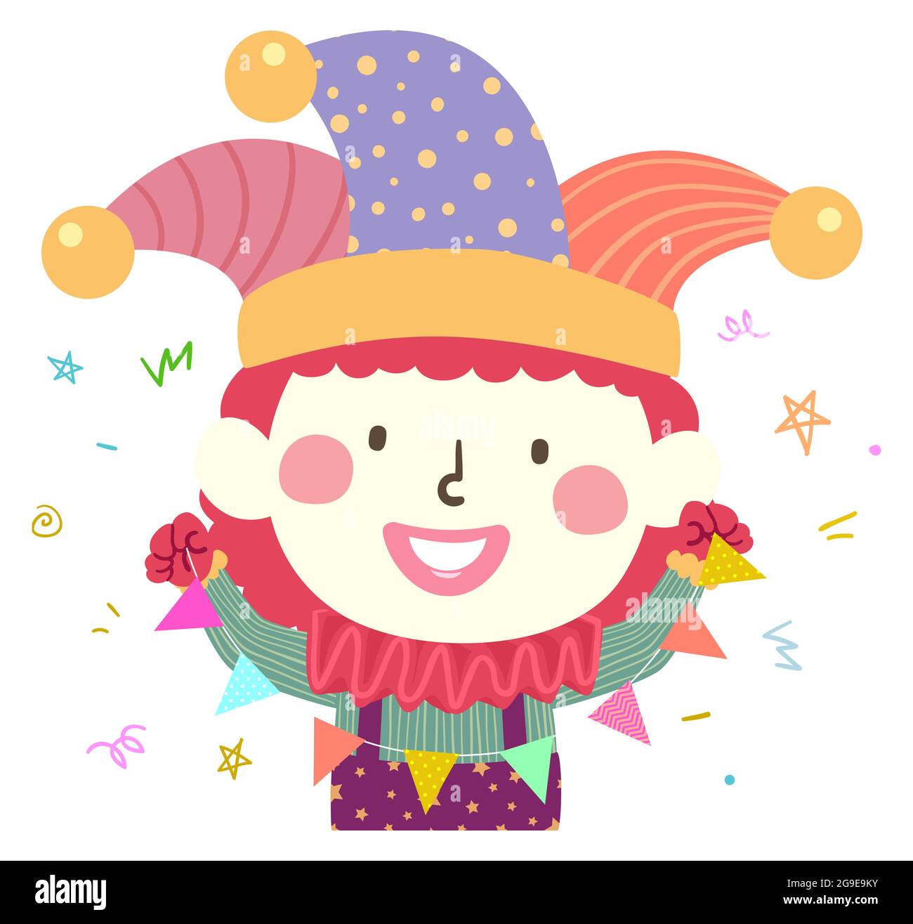 Illustration of a Kid Boy Clown Holding Buntings for Celebration Stock Photo