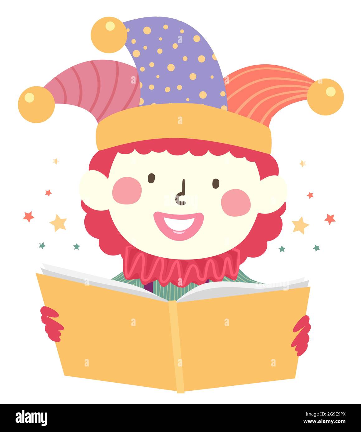 Illustration of a Kid Boy Clown Reading a Story Book Stock Photo