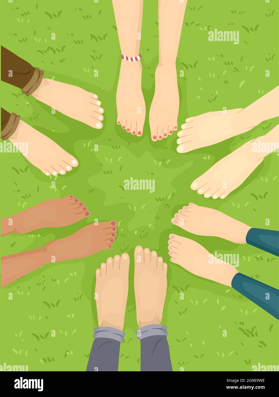 Illustration of Girls Friends Feet Sitting In a Circle Barefoot, Grounding on Grass Stock Photo