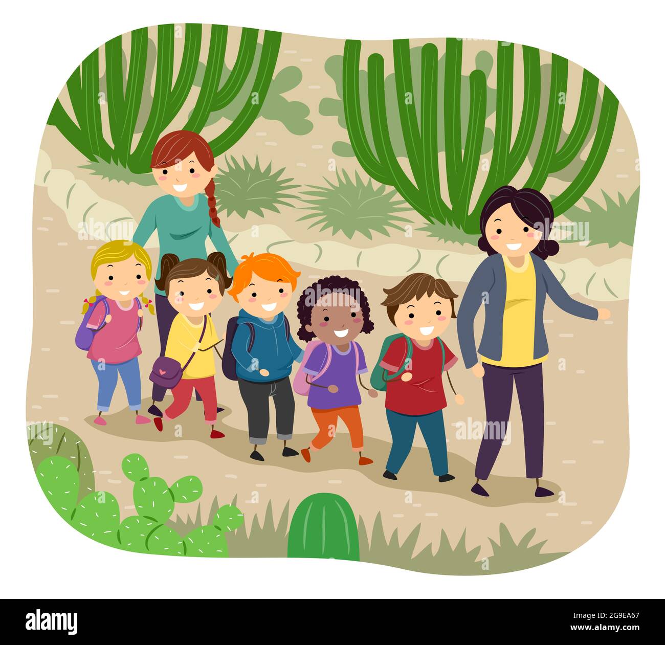 Illustration of Stickman Kids Students with Teachers on a Desert Garden Tour Stock Photo