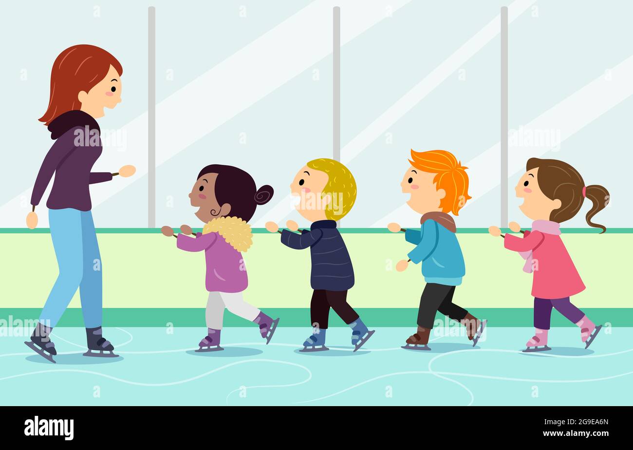 Illustration of Stickman Kids in a Row Learning Ice Skating with Girl  Instructor Stock Photo - Alamy