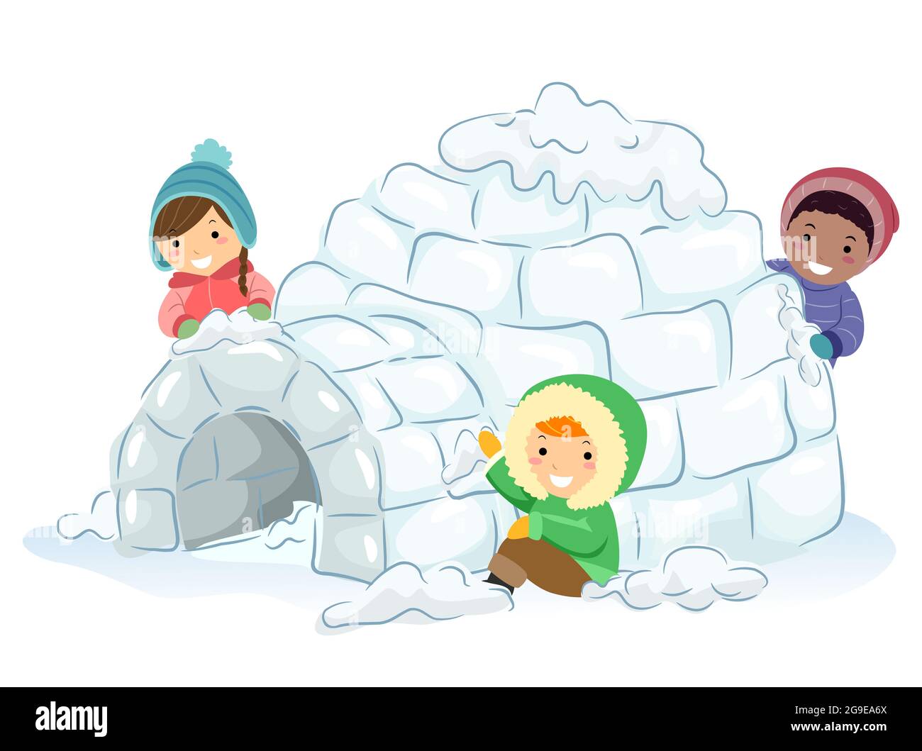 Illustration of Stickman Kids Making an Igloo, Snow Fort in the Snow Stock Photo