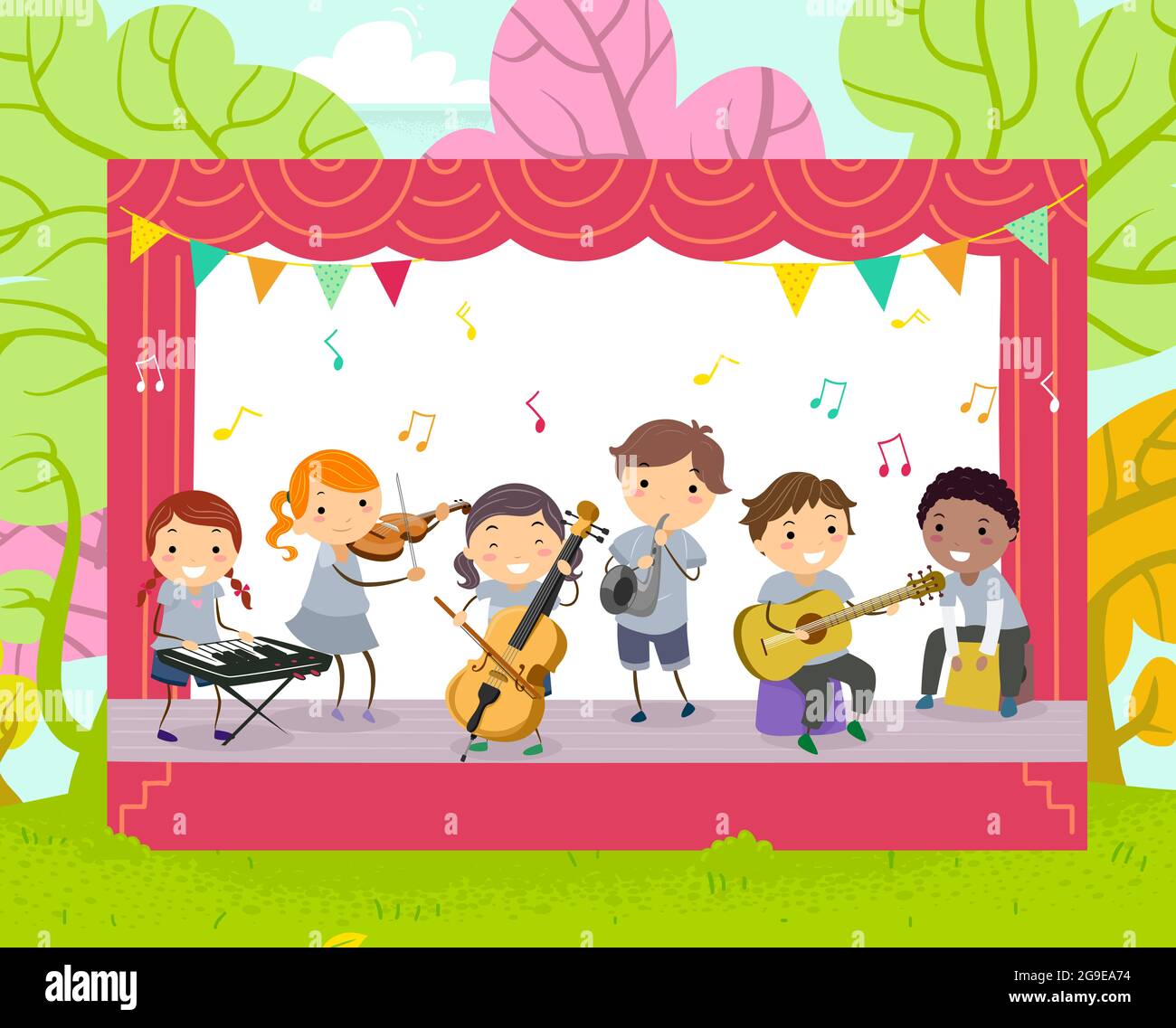 Illustration of Stickman Kids Playing Musical Instruments on an Outdoor Stage Stock Photo