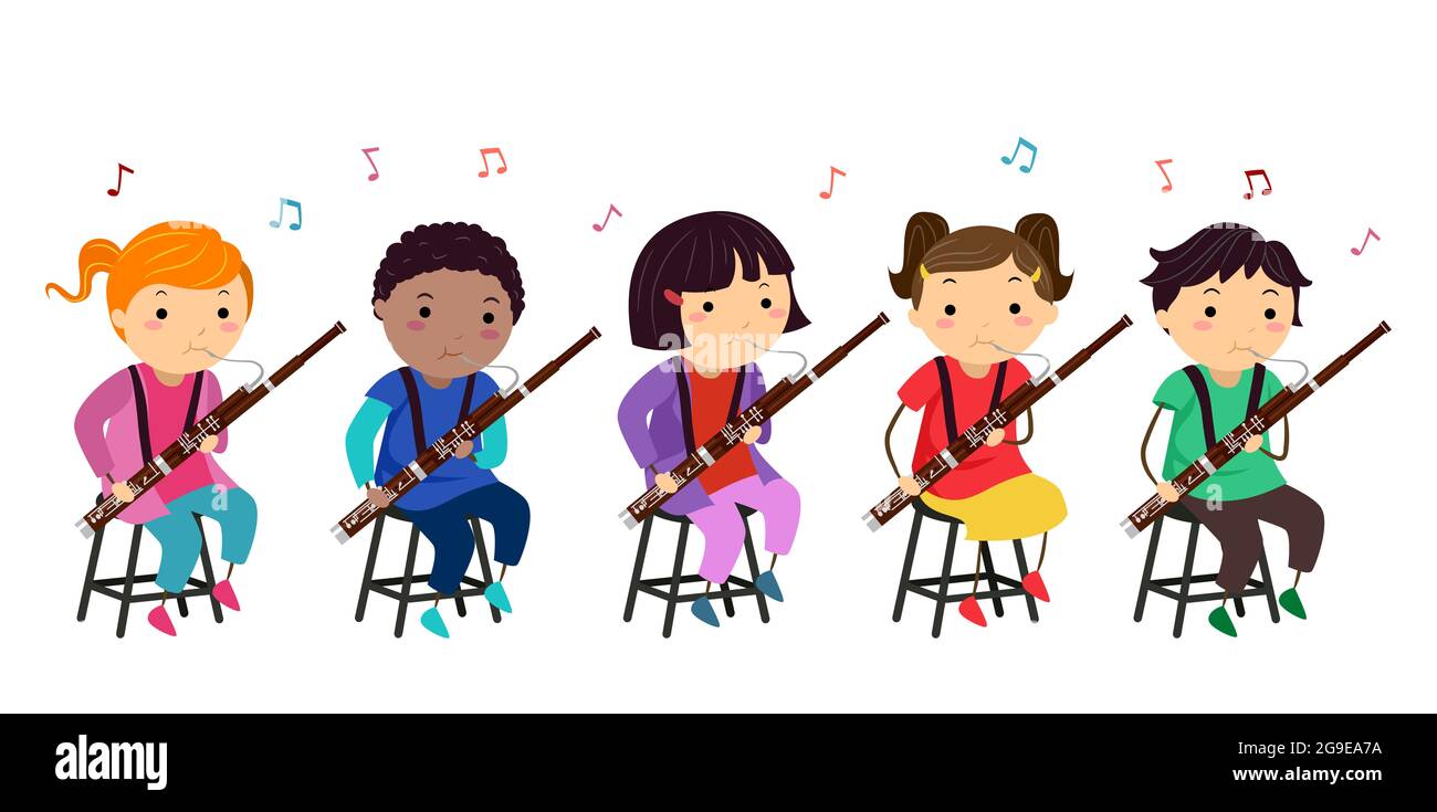 Illustration of Stickman Kids Playing the Bassoon Musical Instrument in a Music Class Stock Photo