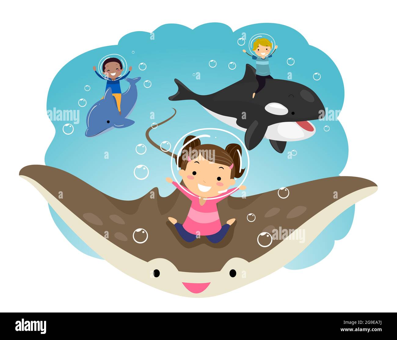 Fantasy Illustration of Stickman Kids Wearing Helmet Riding Stingray, Dolphin and Whale Underwater Stock Photo