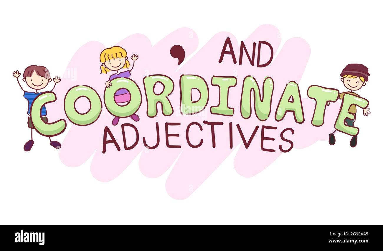 Illustration of Stickman Kids Students with Coordinate Adjectives for English Class Stock Photo