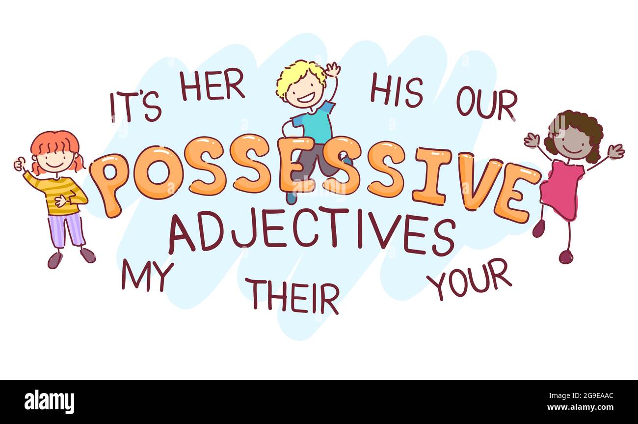 Illustration of Stickman Kids Students with Possessive Adjectives for English Class Stock Photo