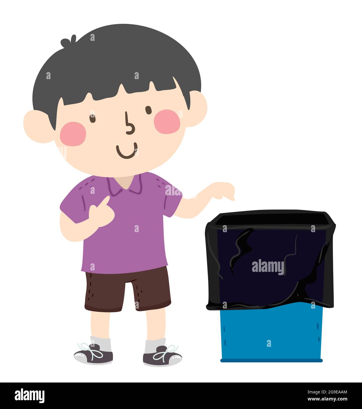 Illustration of a Kid Boy with Garbage Cans in Classroom as a Litter