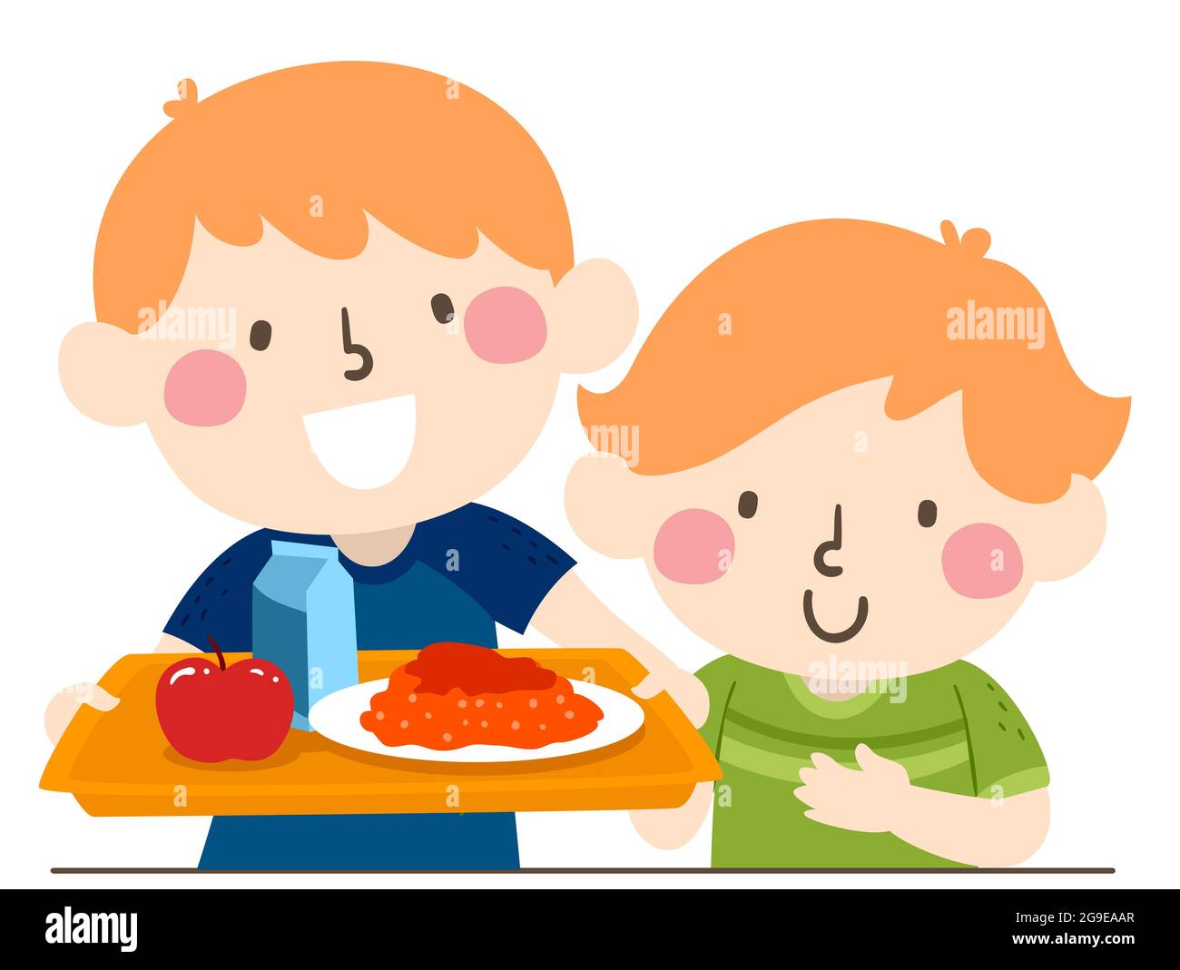 Illustration of a Kid Boy Helping Younger Siblings with Packed Lunch Stock Photo