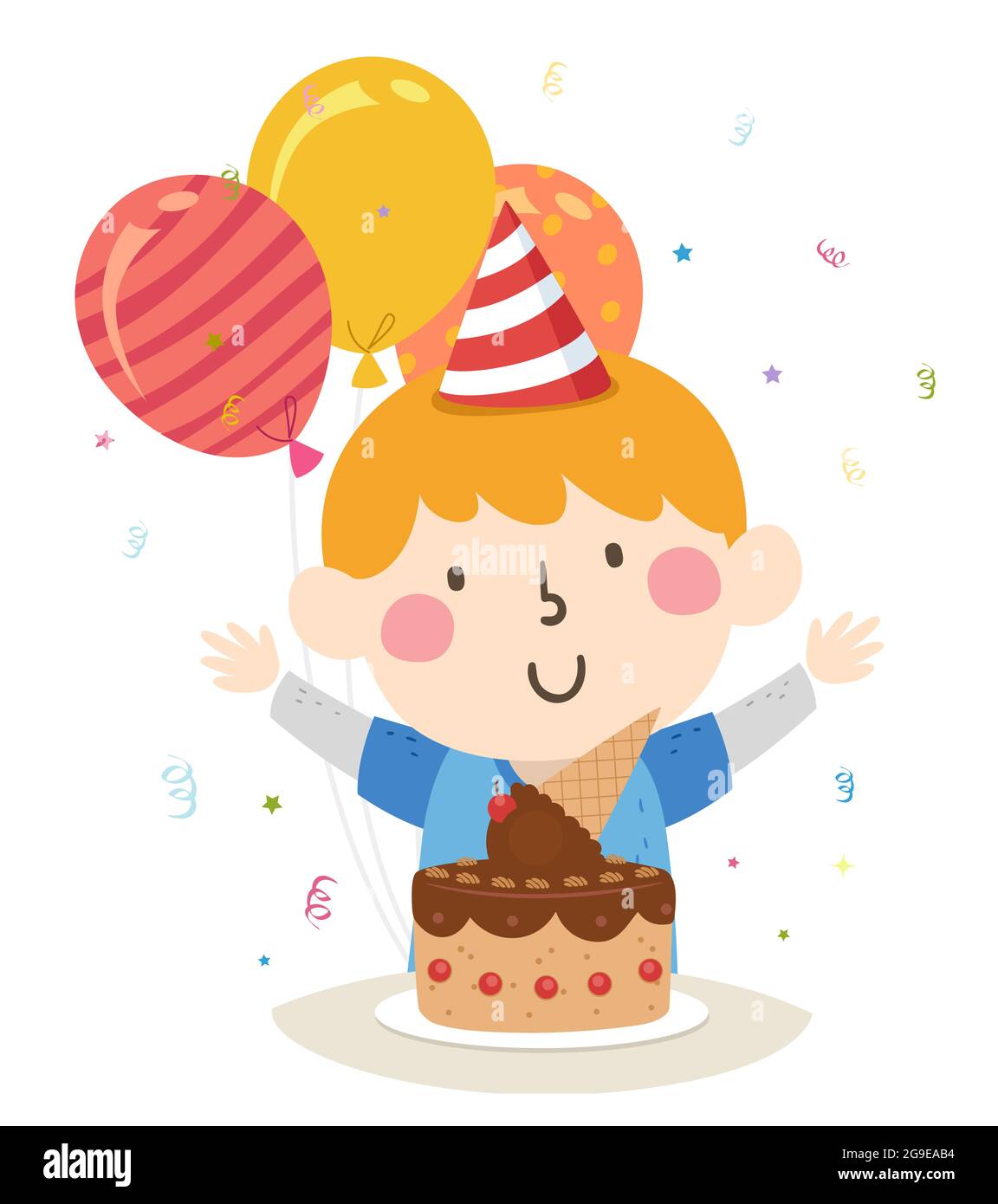 Illustration of a Happy Kid Boy with Ice Cream Cake, Wearing Birthday Hat, with Balloons and Confetti Stock Photo