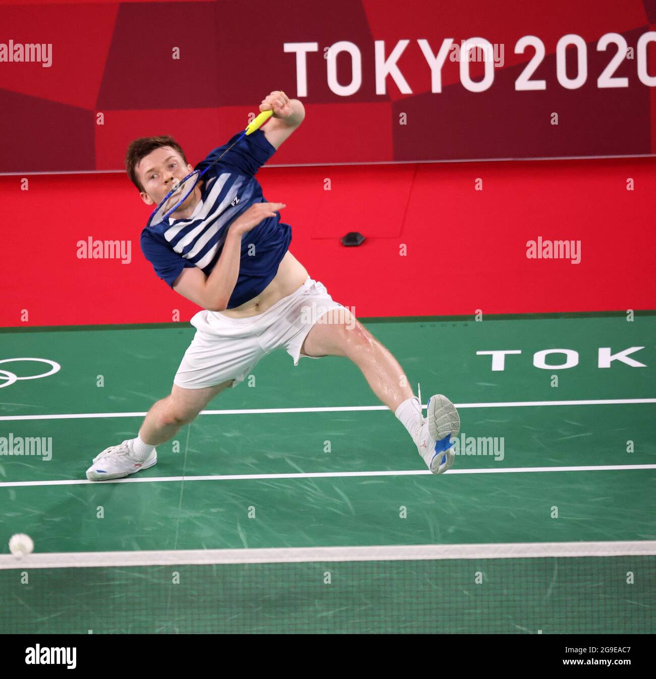 Jul 26, 2021 - Tokyo, Japan: Badmintonist, Helsinki, Finland, KALLE  KALJONEN, 27, and Austrian, L. Wraqber, 30, compete in the Badminton Men's  Singles at the 2020 Tokyo Summer Olympics. Kaljonen won 21-17,