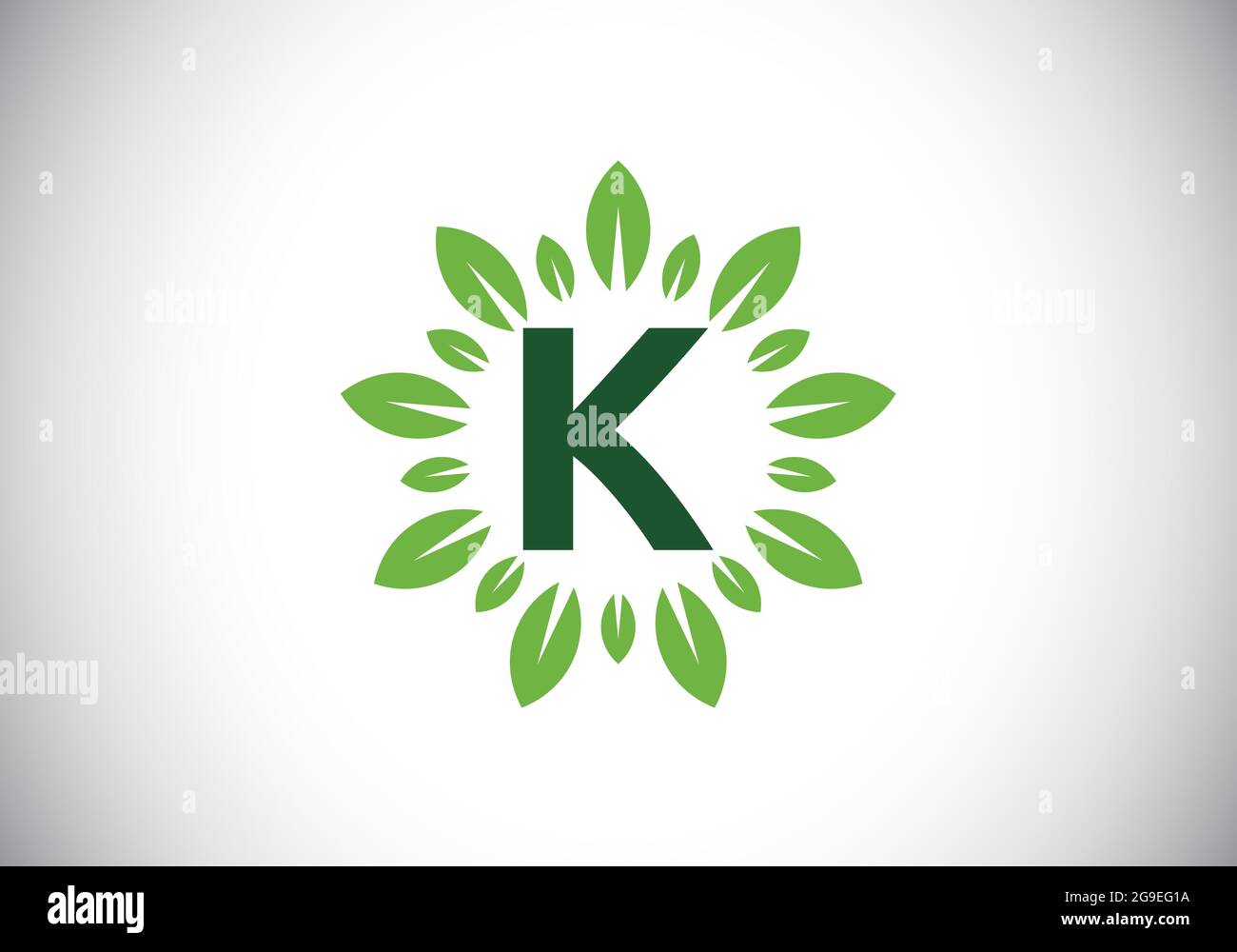 Initial K monogram letter alphabet with leaf wreath. Green leaf, flower ...