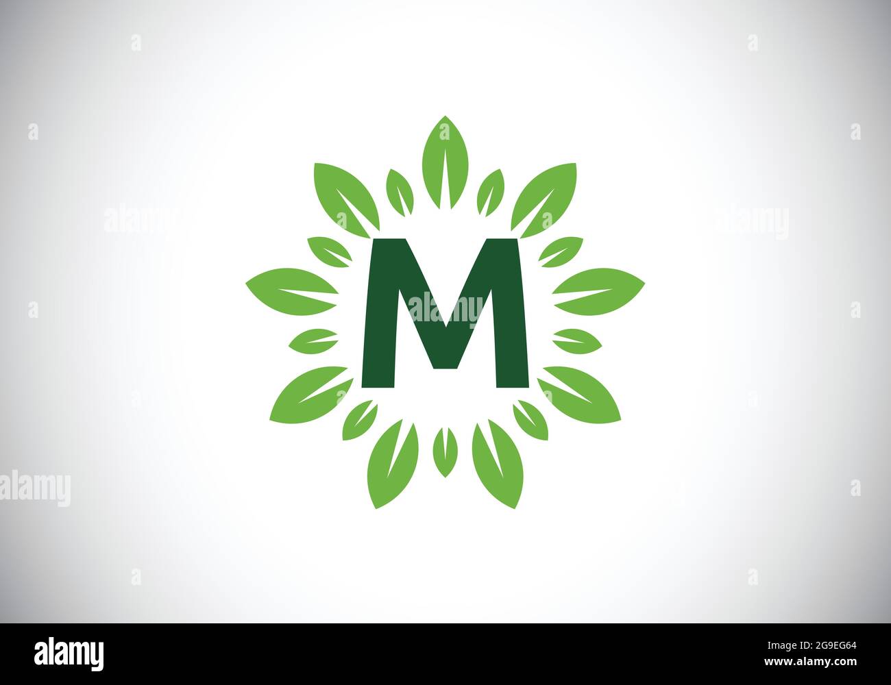 Initial M monogram letter alphabet with leaf wreath. Green leaf, flower ...