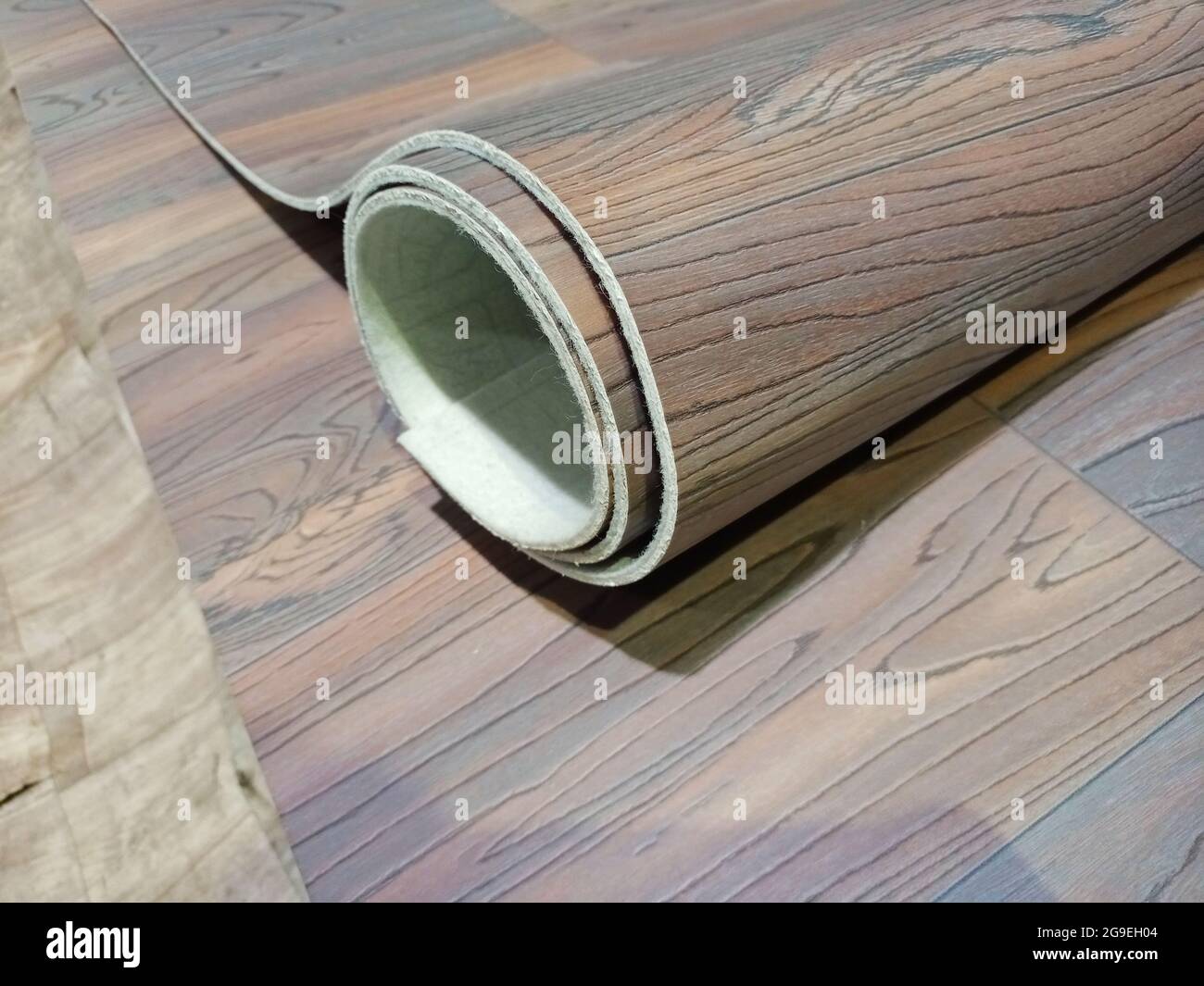 Linoleum rolled up. Linoleum roll with wood texture. Household floor