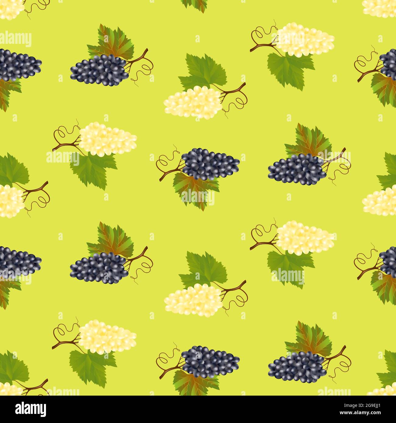 Ripe juicy blue and white grapes on light green background seamless pattern. Vector illustration. For fabric, wallpaper, gift wrapping, scrapbooking. Stock Vector