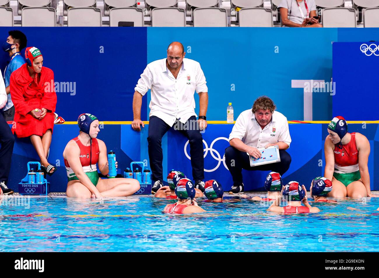Tokyo Japan July 26 Dora Leimeter Of Hungary Laszlo Toth Of Hungary Head Coach Attila Biro Of Hungary Rebecca Parkes Of Hungary During The Tokyo Olympic Waterpolo Tournament Women Match Tokyo Japan July 26 Dora Leimeter Of Hungary Laszlo Toth Of Hungary Head Coach Attila Biro Of Hungary Rebecca Parkes Of Hungary During The Tokyo Olympic Waterpolo Tournament Women Match