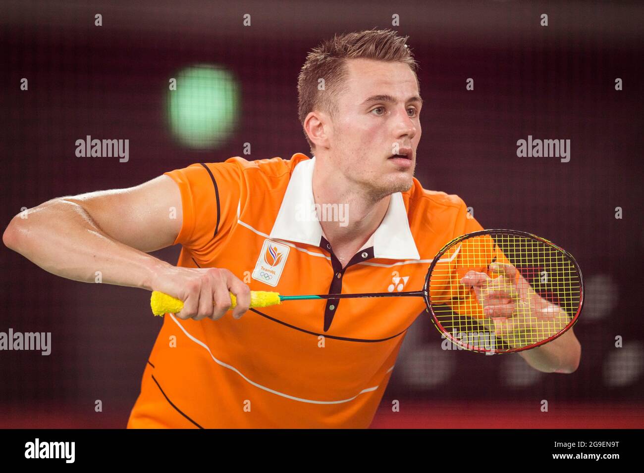 TOKYO, JAPAN - JULY 26: Mark Caljouw of the Netherlands competing on Men's Singles Group Play Stage - Group D during the Tokyo 2020 Olympic Games at the Musashino Forest Plaza on July 26, 2021 in Tokyo, Japan (Photo by Yannick Verhoeven/Orange Pictures) NOCNSF Credit: Orange Pics BV/Alamy Live News Stock Photo