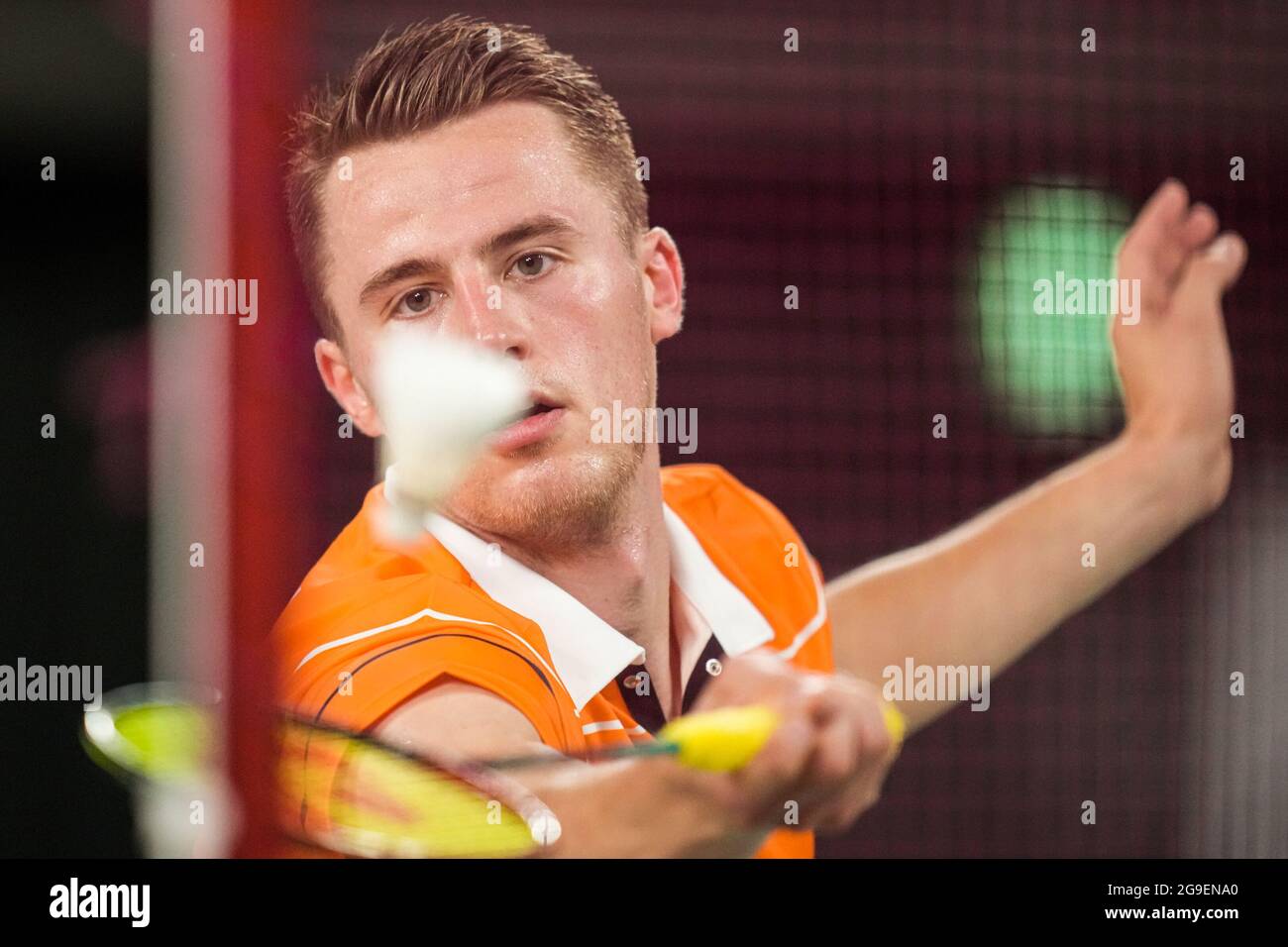 TOKYO, JAPAN - JULY 26: Mark Caljouw of the Netherlands competing on Men's Singles Group Play Stage - Group D during the Tokyo 2020 Olympic Games at the Musashino Forest Plaza on July 26, 2021 in Tokyo, Japan (Photo by Yannick Verhoeven/Orange Pictures) NOCNSF Credit: Orange Pics BV/Alamy Live News Stock Photo