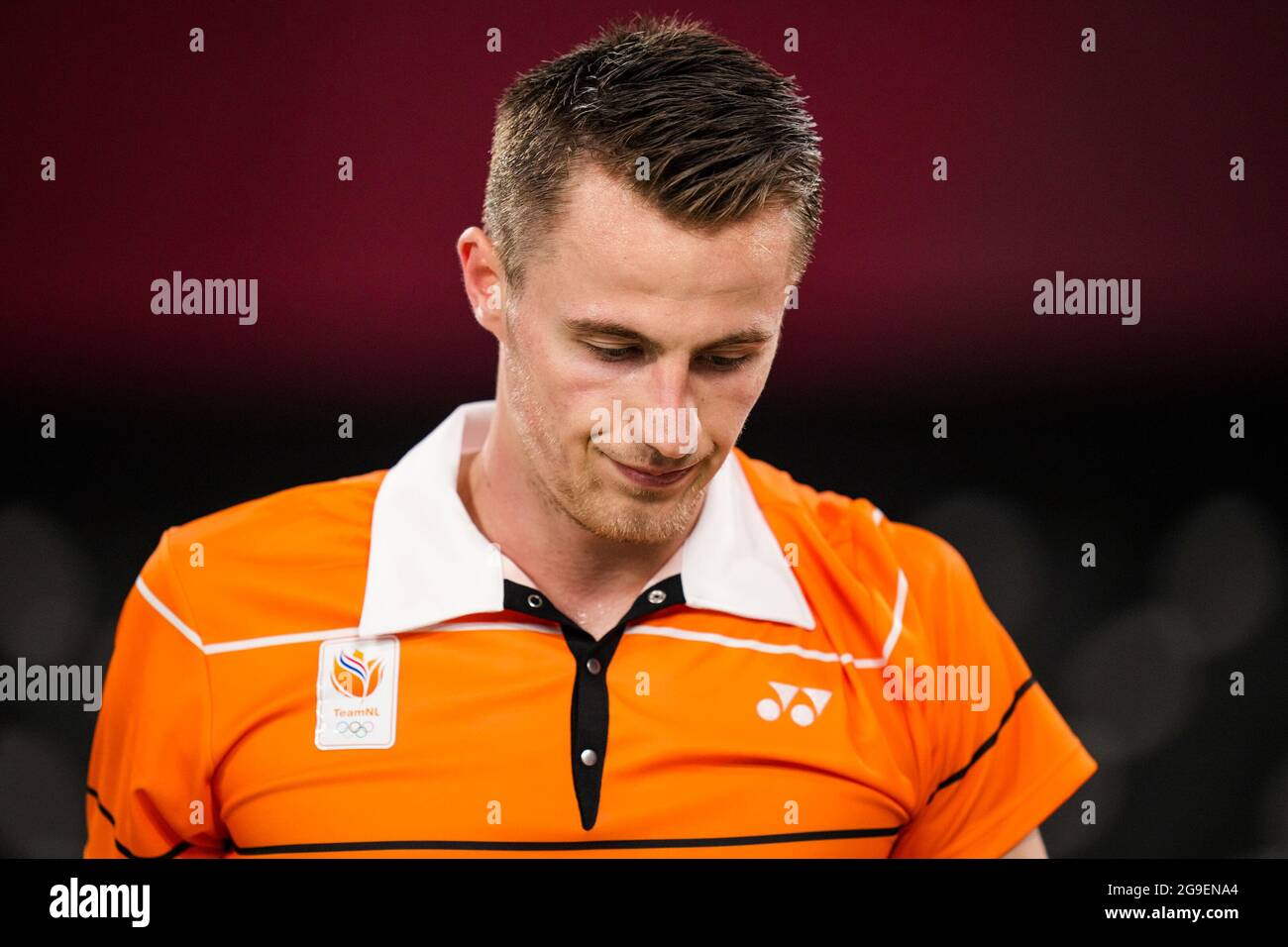 TOKYO, JAPAN - JULY 26: Mark Caljouw of the Netherlands competing on Men's Singles Group Play Stage - Group D during the Tokyo 2020 Olympic Games at the Musashino Forest Plaza on July 26, 2021 in Tokyo, Japan (Photo by Yannick Verhoeven/Orange Pictures) NOCNSF Credit: Orange Pics BV/Alamy Live News Stock Photo