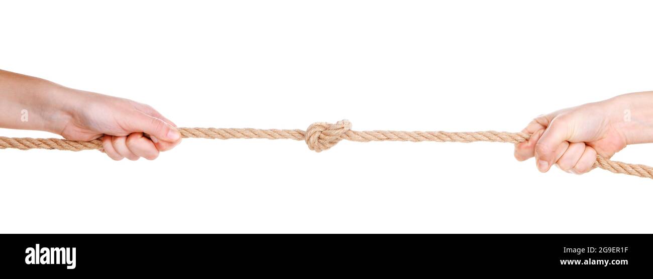 Hands pull rope isolated on white Stock Photo - Alamy
