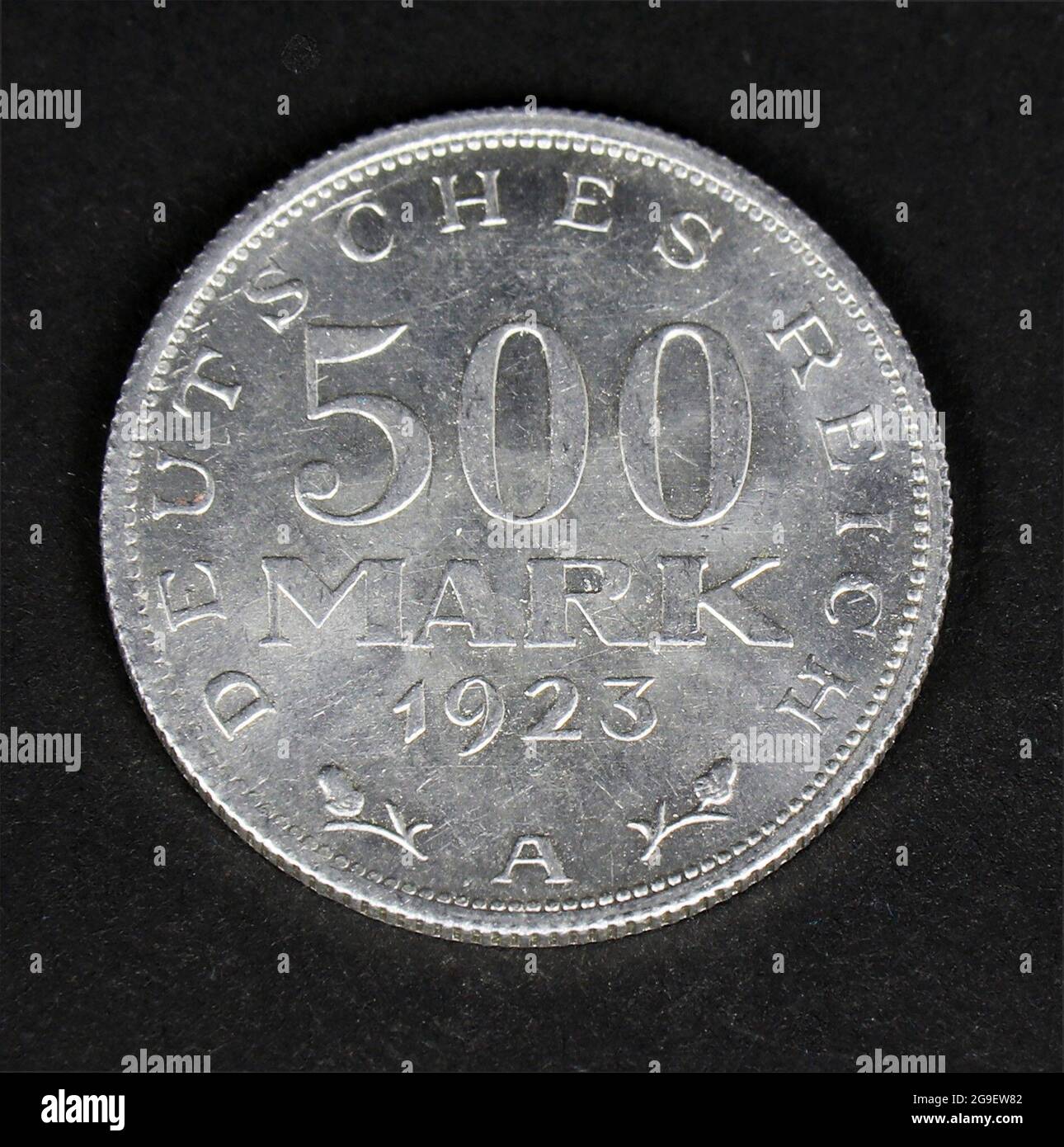 money / finances, coins, Germany, inflation coin, 500 mark, obverse, aluminum, German Reich, 1923, ADDITIONAL-RIGHTS-CLEARANCE-INFO-NOT-AVAILABLE Stock Photo
