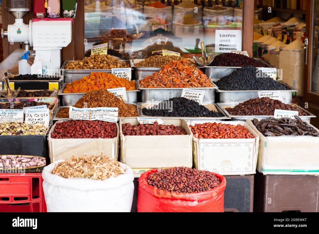 exhibition area of a shop selling dried fruits and herbs. Linden, Dried Grape, Dried Apple