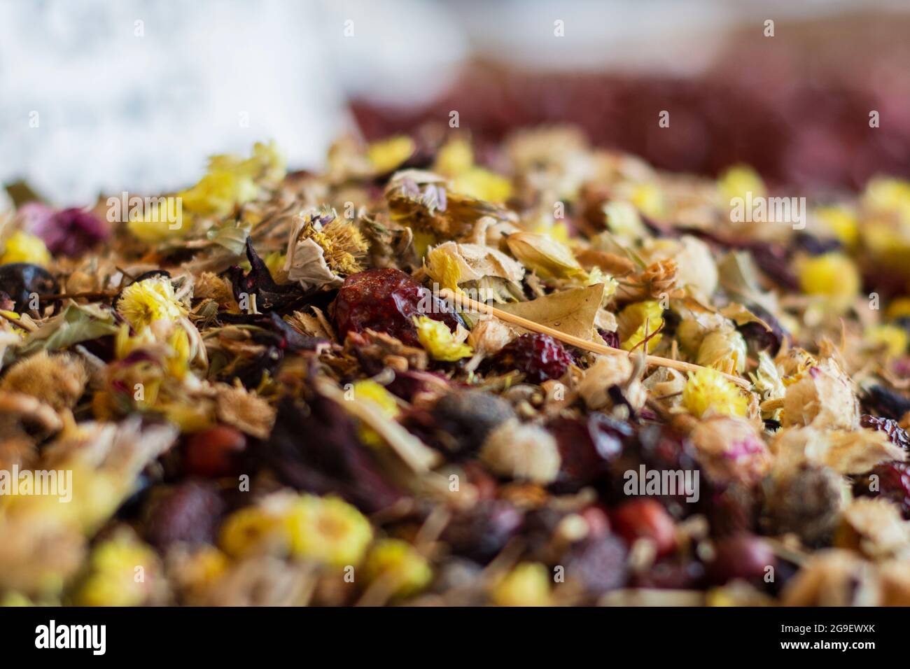 traditional turkish cuisine, mixed herbal tea. Chamomile, pomegranate flower, fennel, rosehip