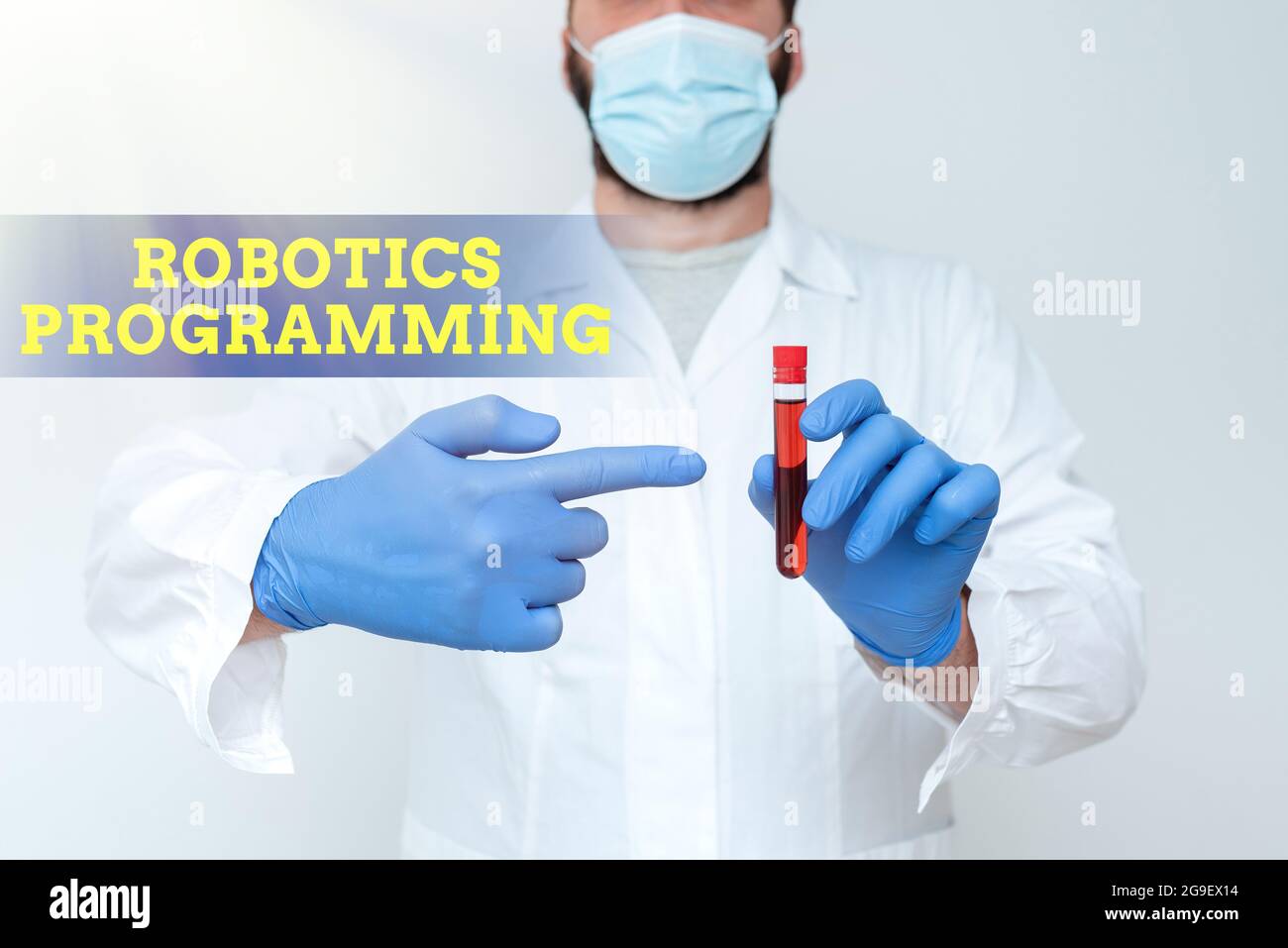 Conceptual caption Robotics Programming. Word Written on software that used to perform autonomous tasks Chemist Presenting Blood Sample, Scientist Stock Photo