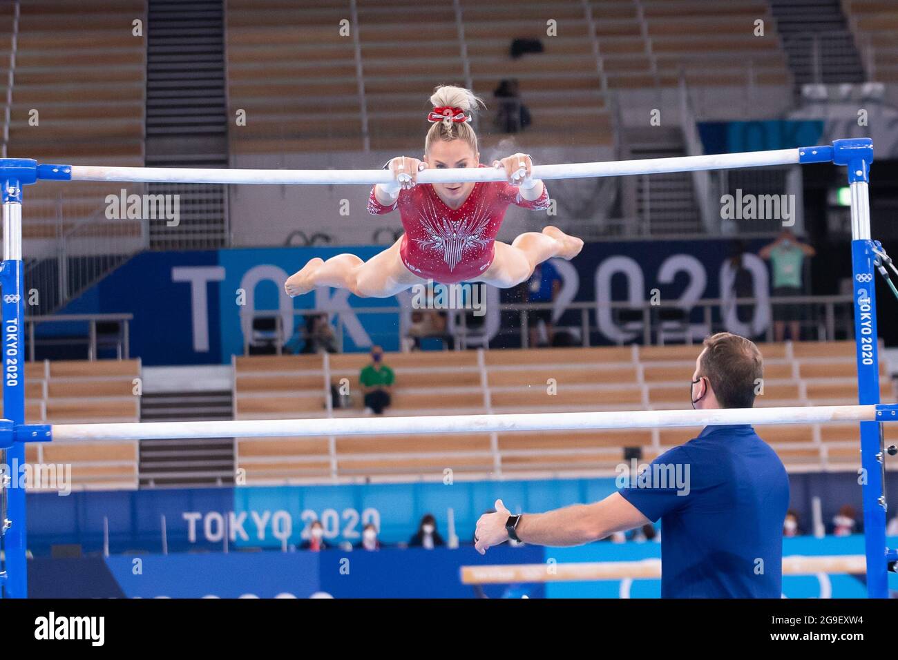 Tokyo, Japan. 25th July, 2021. Mykayla Skinner of United States (397) warms up for uneven bars during the Tokyo 2020 Olympic Games Women's Qualification at the Ariake Gymnastics Centre in Tokyo, Japan. Daniel Lea/CSM}. Credit: csm/Alamy Live News Stock Photo