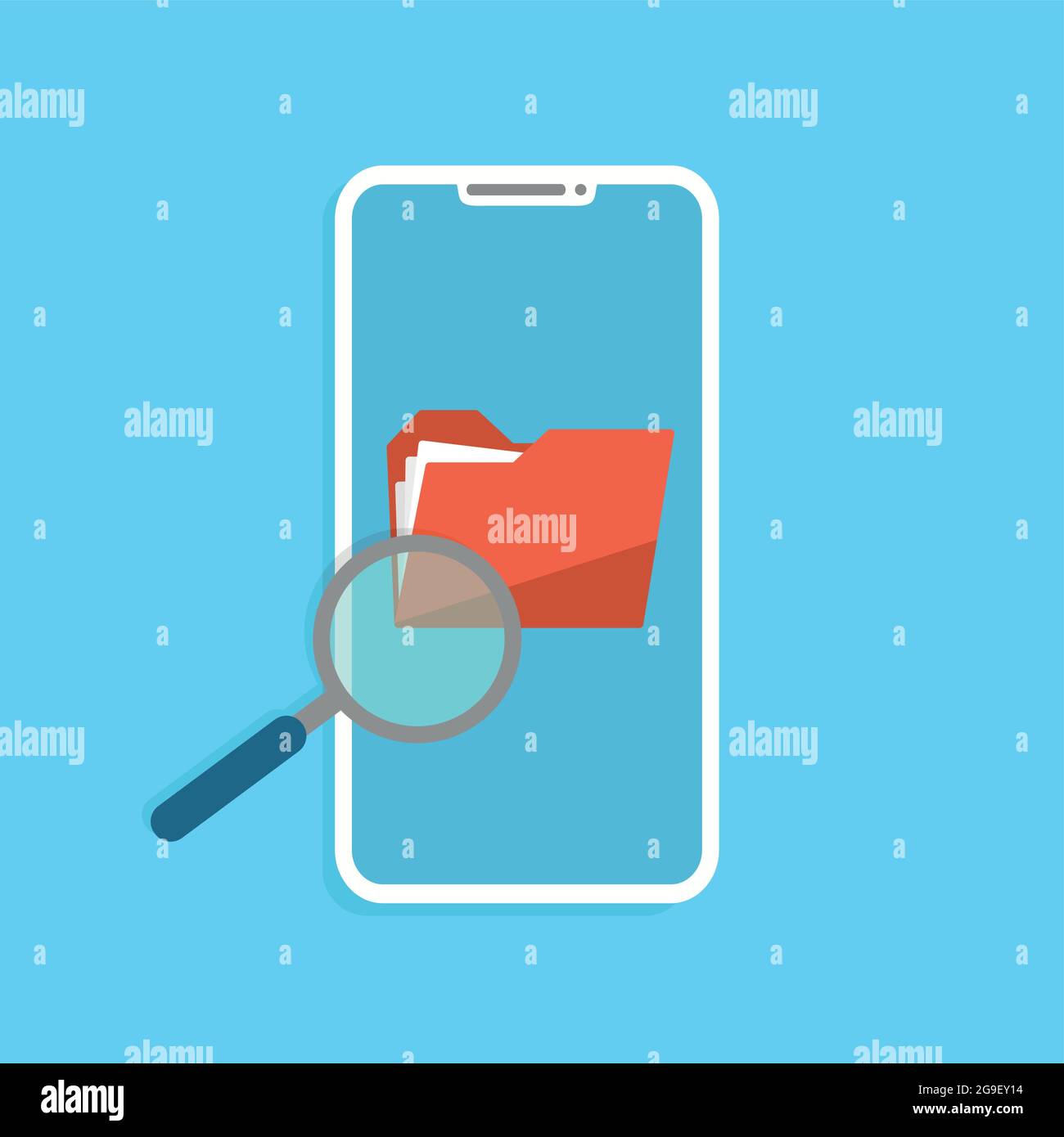 Phone with folder search and data synchronisation. Touchscreen device with magnifying glass. Stock Vector