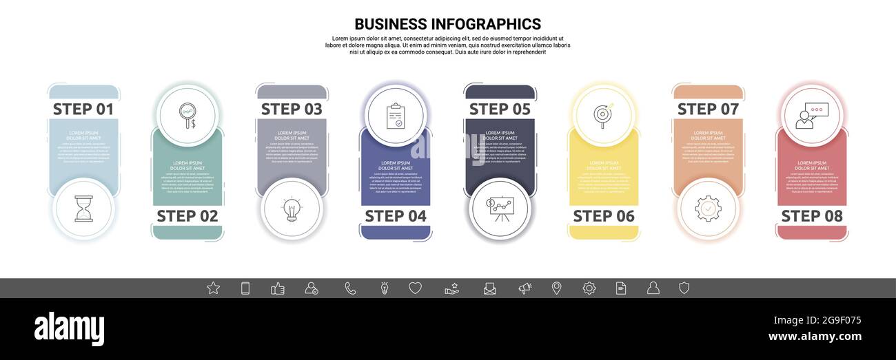 Business vector infographics with eight circles and labels. Timeline ...