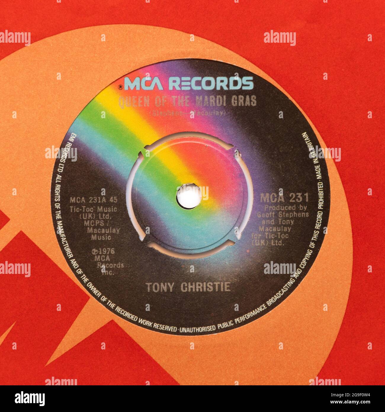 Queen of the Mardi Gras by Tony Christie, a stock photo of the 7' single vinyl 45 rpm record in cover Stock Photo