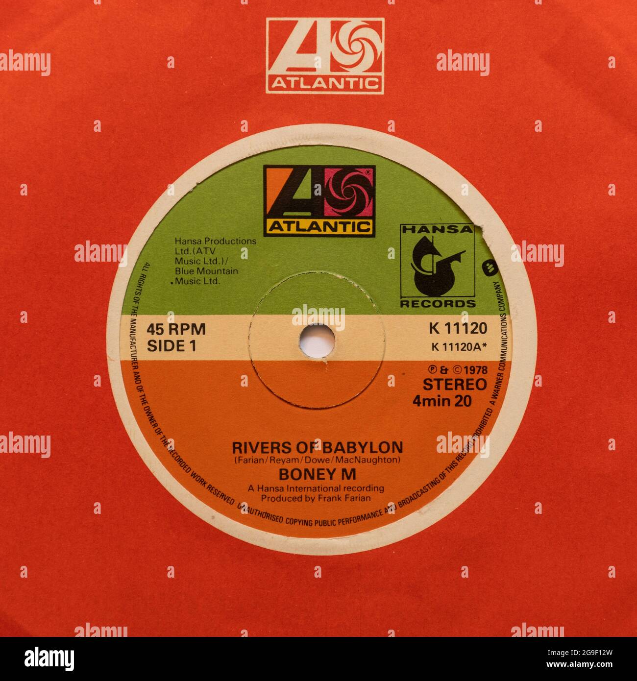 Rivers of Babylon by Boney M, a stock photo of the 7' single vinyl 45 rpm record in cover Stock Photo
