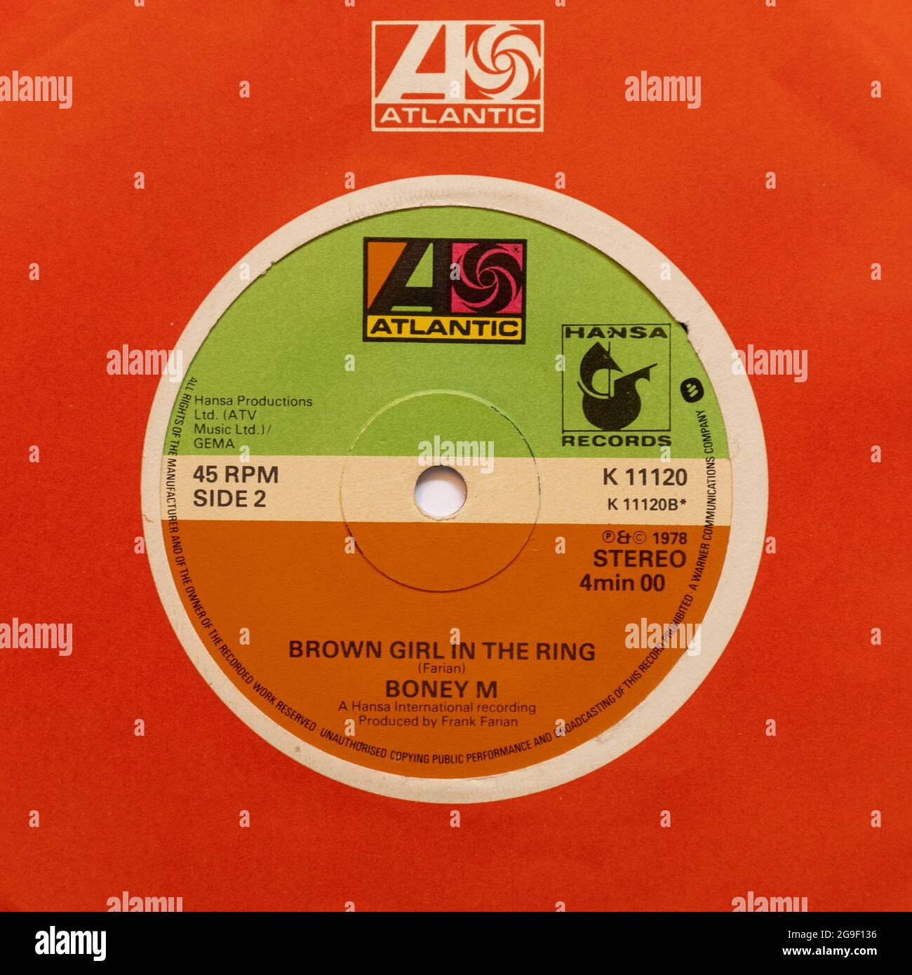 Brown Girl in the Ring by Boney M, a stock photo of the 7' single vinyl 45 rpm record in cover Stock Photo