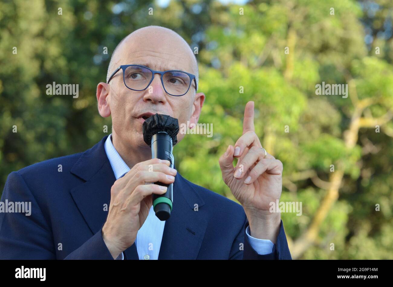 Naples, Italy. 23rd July, 2021. Ex-Premier of Italian Governament and  secretary of Partito Democratico, Enrico Letta, meet supporters at  democratic Agorà convention, meeting where Letta has supported the  electoral campaign of Gaetano