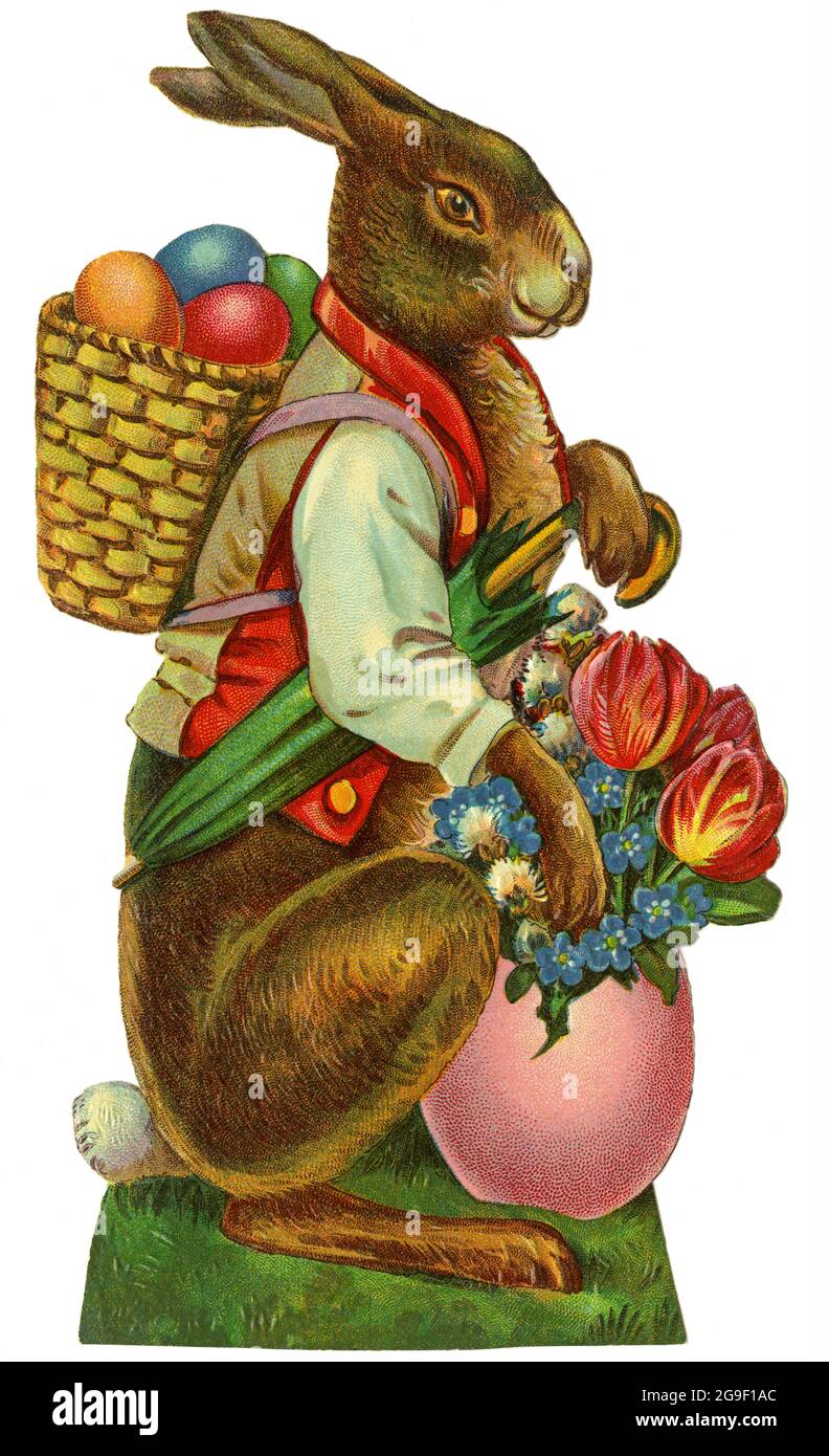festivals, Easter, Easter Bunny, multi-coloured Easter eggs, lithograph, Germany, circa 1910, ADDITIONAL-RIGHTS-CLEARANCE-INFO-NOT-AVAILABLE Stock Photo