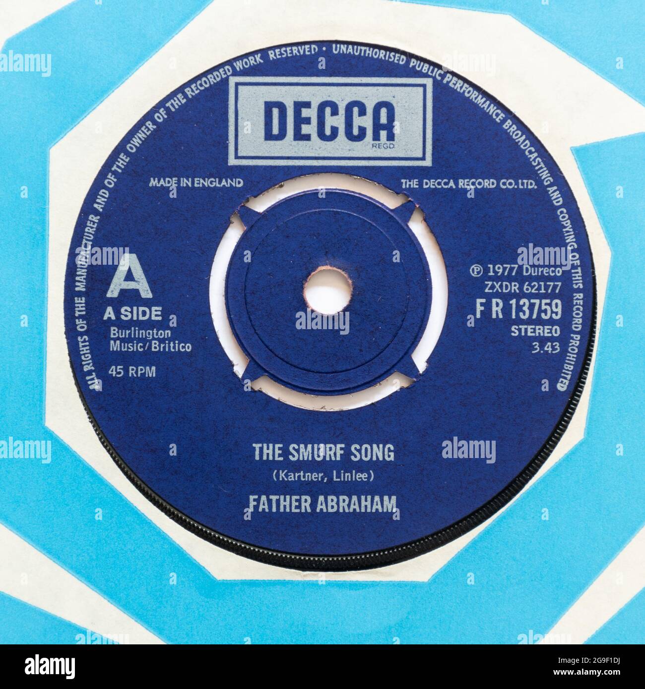 The Smurf Song by Father Abraham, a stock photo of the 7' single vinyl 45 rpm record in cover Stock Photo