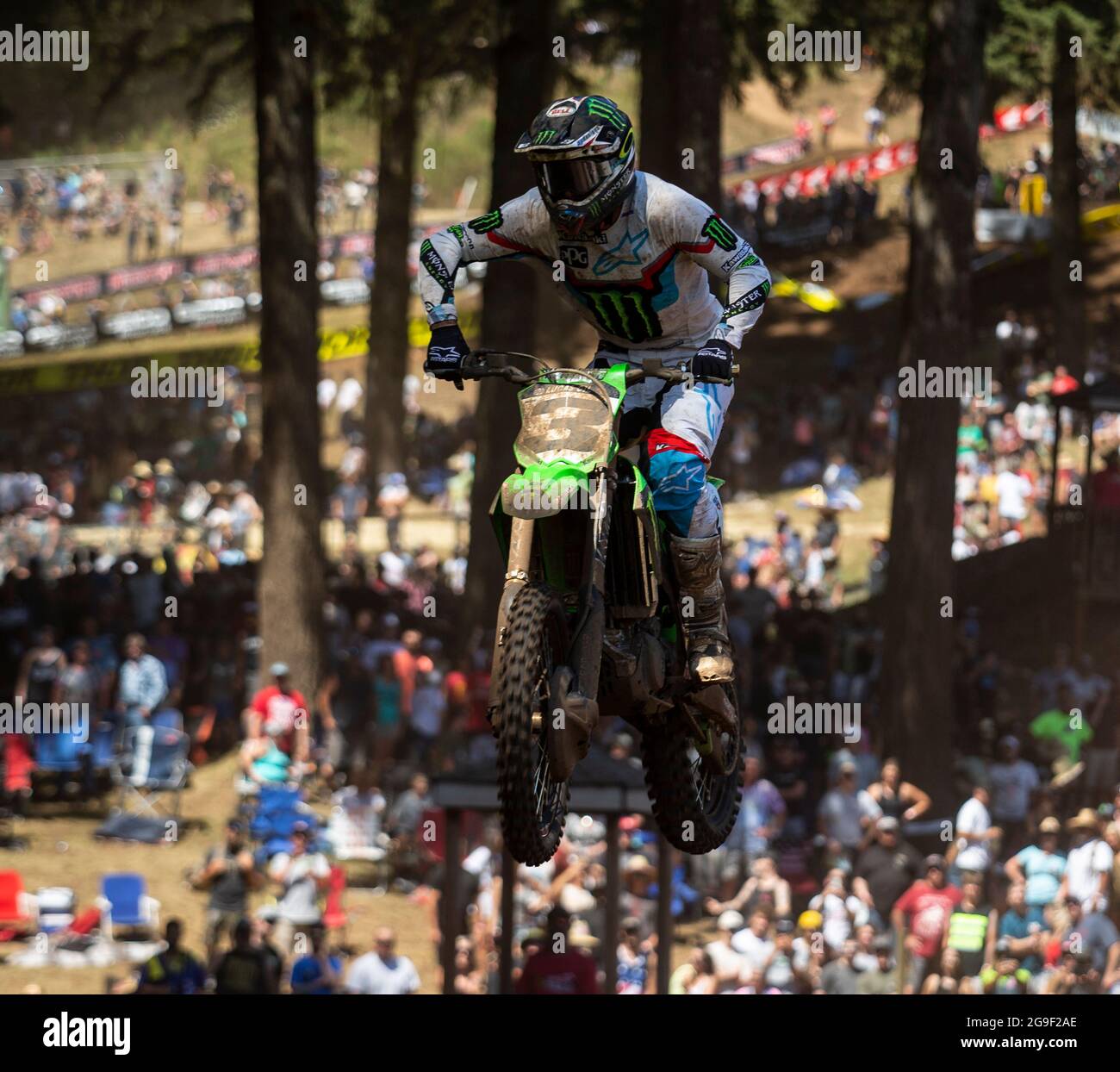 JUL 24 2021 Washougal, WA USA Monster Energy Kawasaki Eli Tomac(3) gets air in section 26 during the Lucas Oil Pro Motocross Washougal 450 class moto # 1 at Washougal MX park Washougal, WA Thurman James/CSM Stock Photo