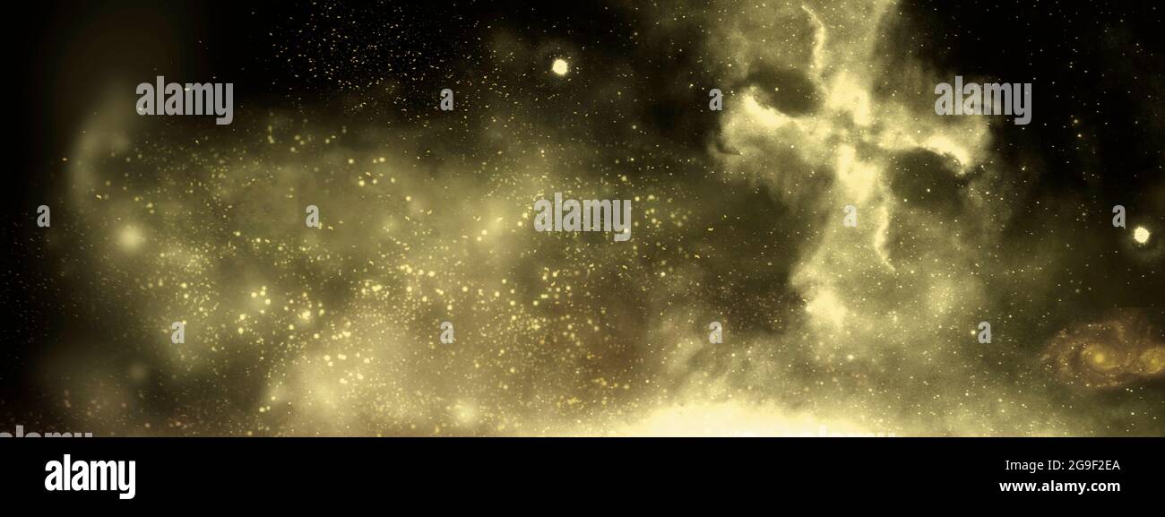 Abstract  gold dust background over black. Beautiful golden art widescreen background. Space background Stock Photo
