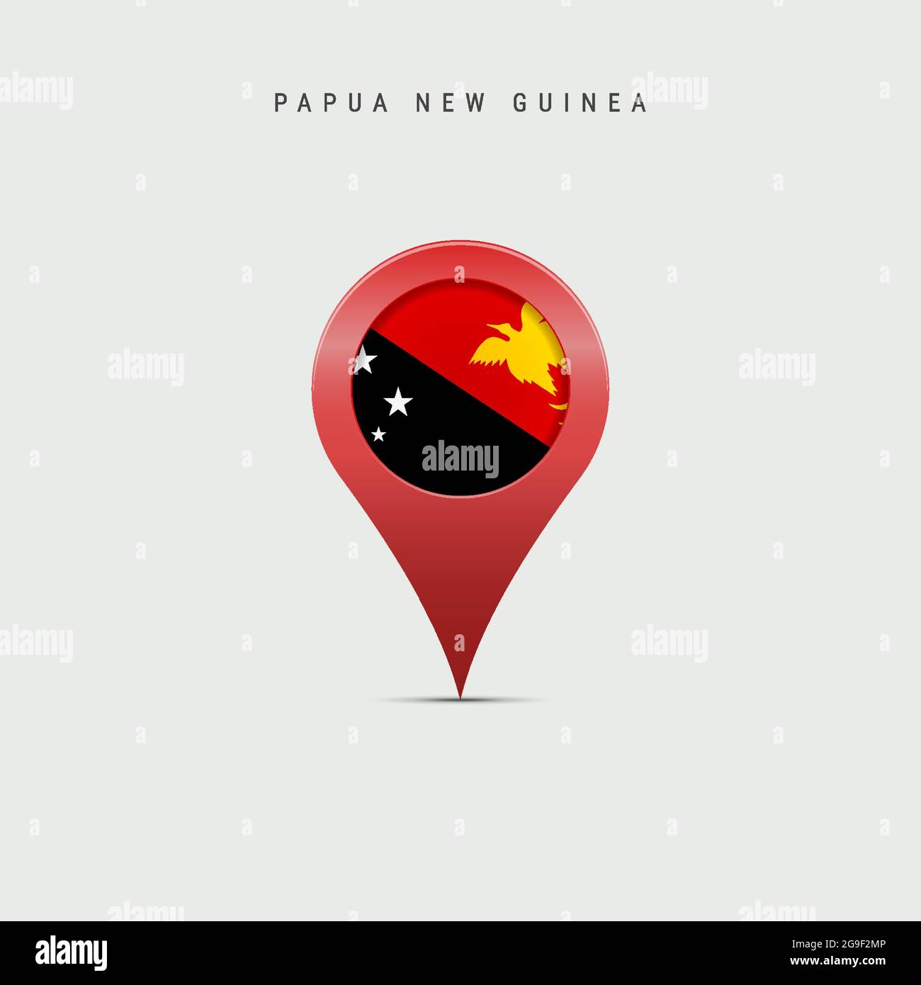 Teardrop map marker with flag of Papua New Guinea. PNG flag inserted in the location map pin. 3D vector illustration isolated on light grey background Stock Vector