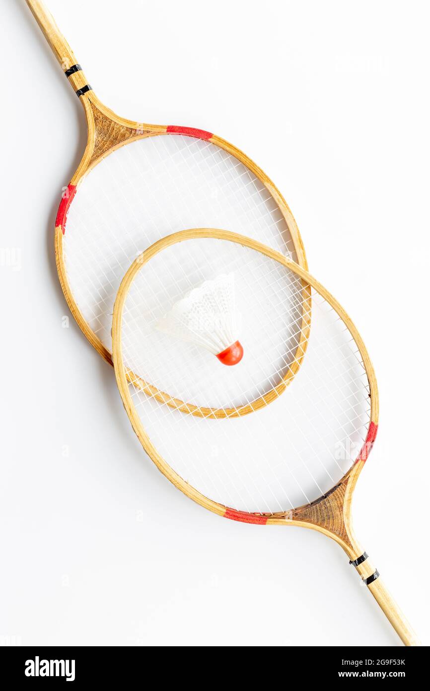 Two rackets and shuttlecock for playing badminton, top view Stock Photo ...