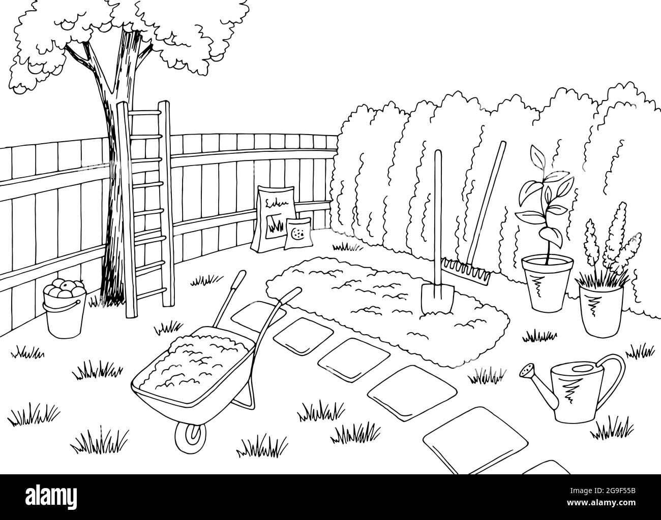 Work in garden yard graphic black white landscape sketch illustration vector Stock Vector