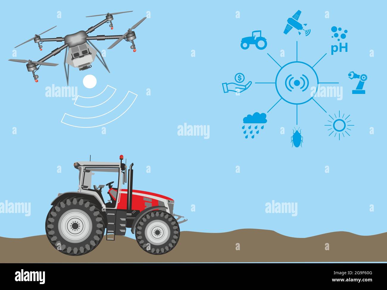 Illustration of smart agricultural icons, drone and red tractor Stock ...