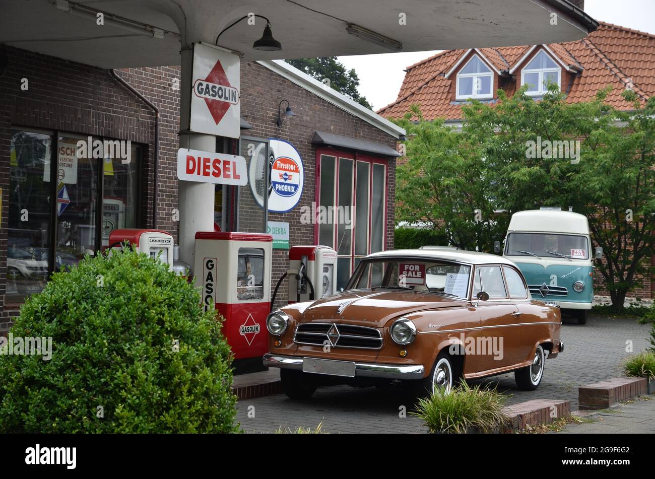 transport, car, Borgward Isabella, Bruchhausen-Vilsen, Germany, 2011  patrol station, classic car, ADDITIONAL-RIGHTS-CLEARANCE-INFO-NOT-AVAILABLE Stock Photo