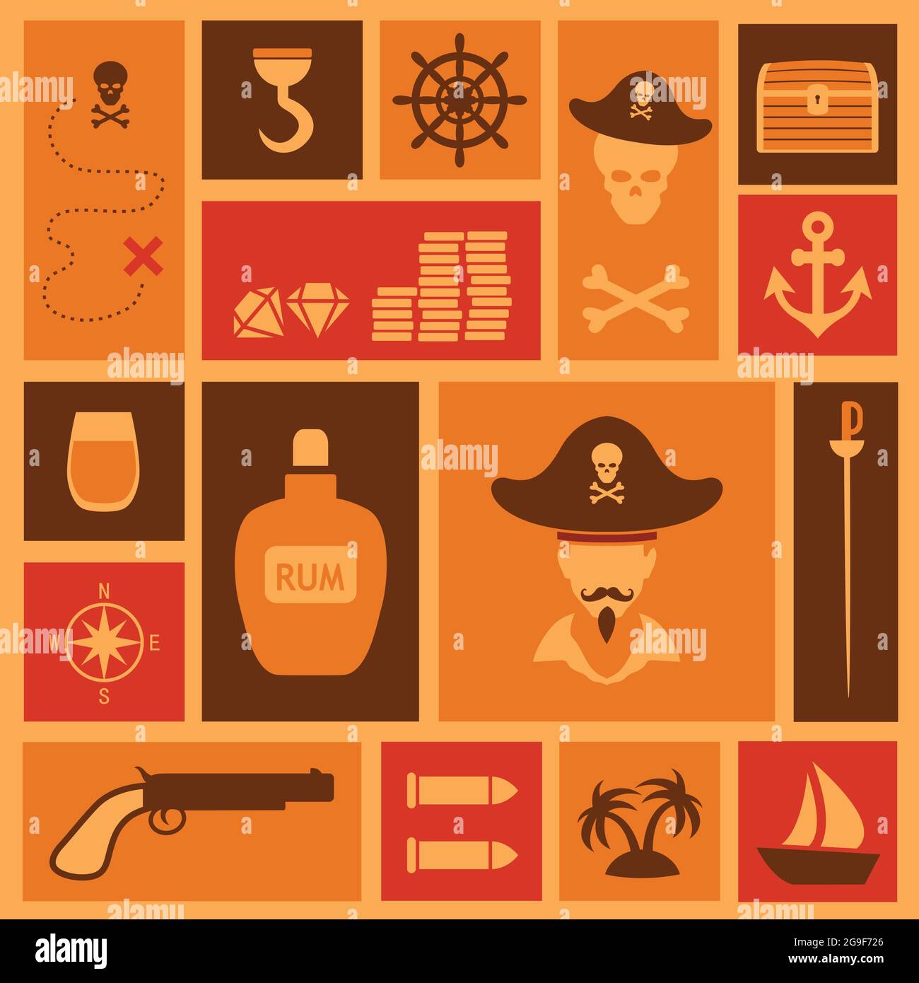 vector pirate set icons, treasure, map,skull illustration Stock Vector