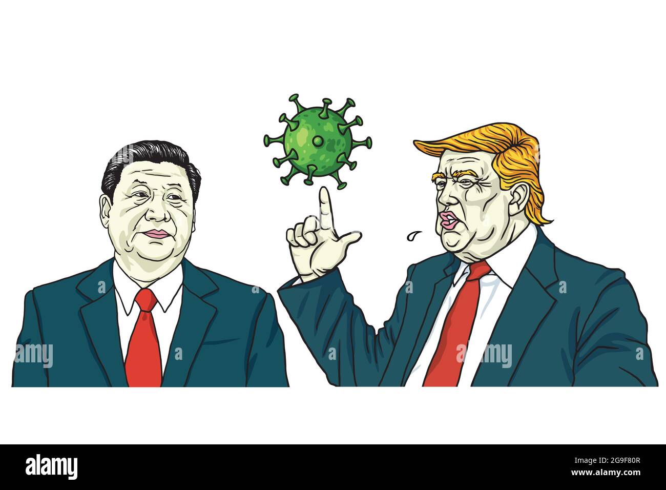 Donald Trump and Xi Jinping   Discussed Coronavirus COVID-19 Cartoon Vector Illustration Stock Vector