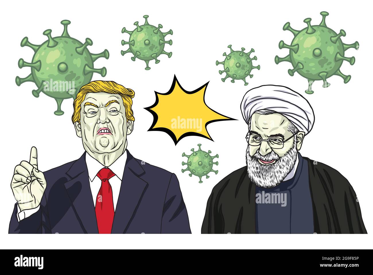 Donald Trump and Hassan Rouhani vs Coronavirus COVID-19. Vector Cartoon Caricature Portrait Illustration Stock Vector