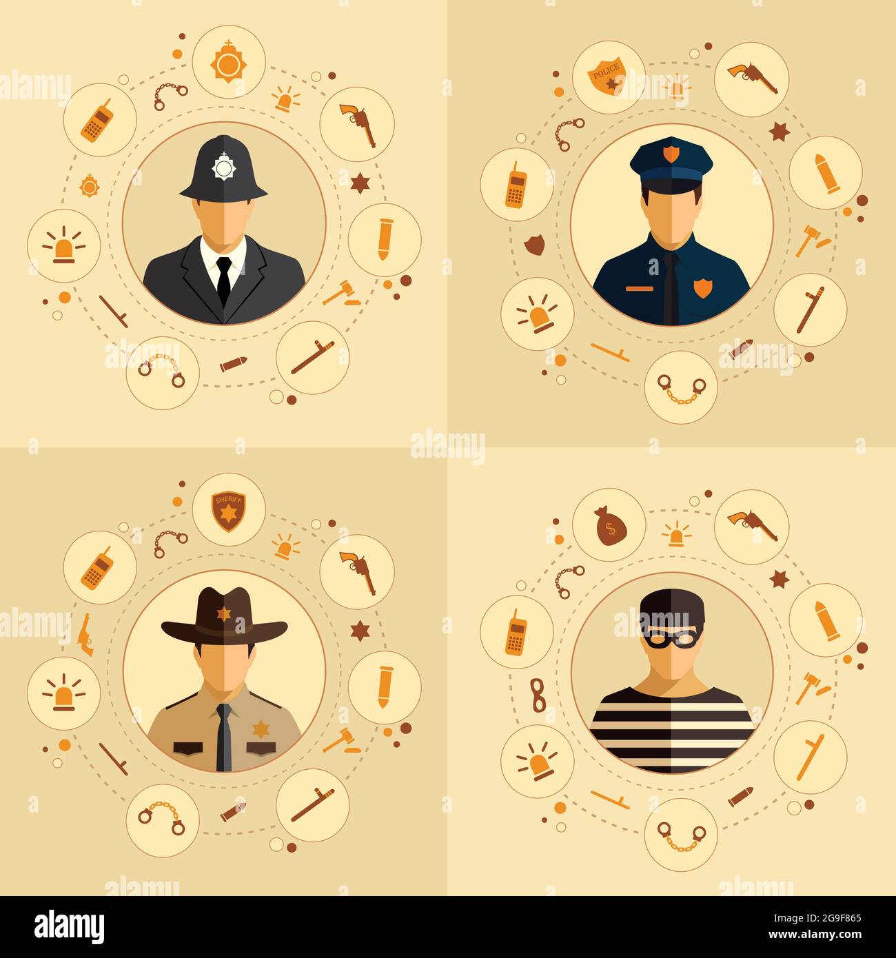 vector security icon, police, law, crime badge set illustration Stock Vector
