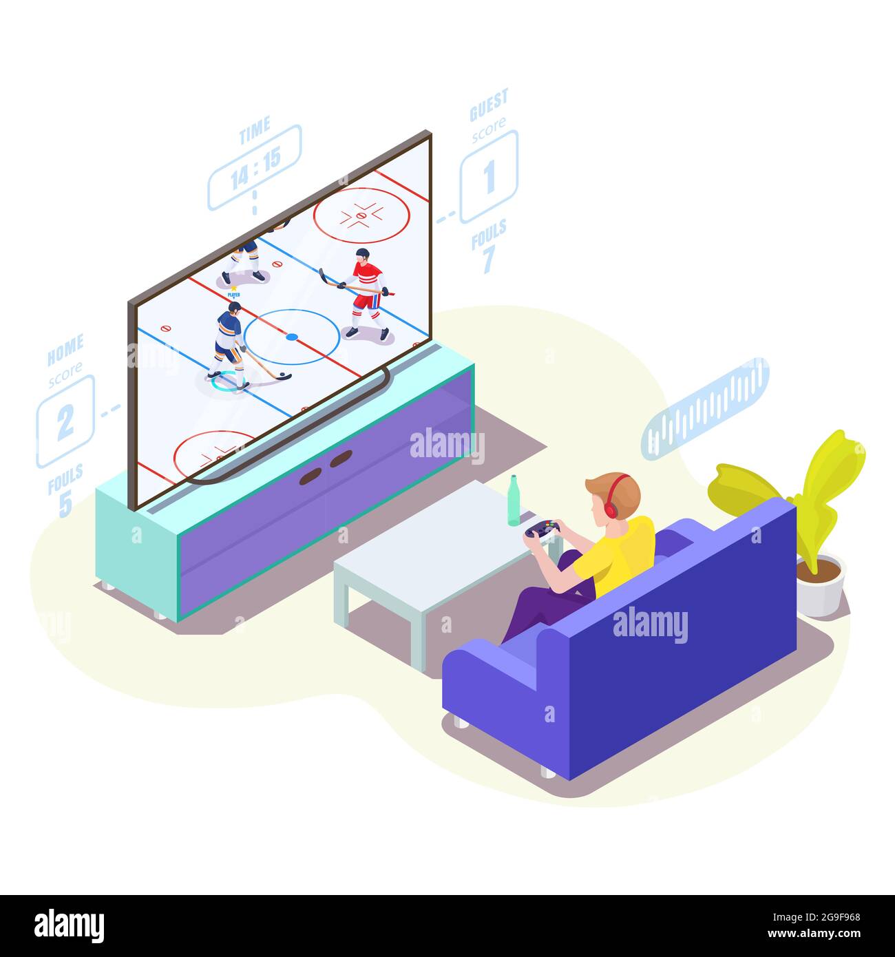 Man gamer in headphones playing ice hockey video game on tv, vector isometric illustration