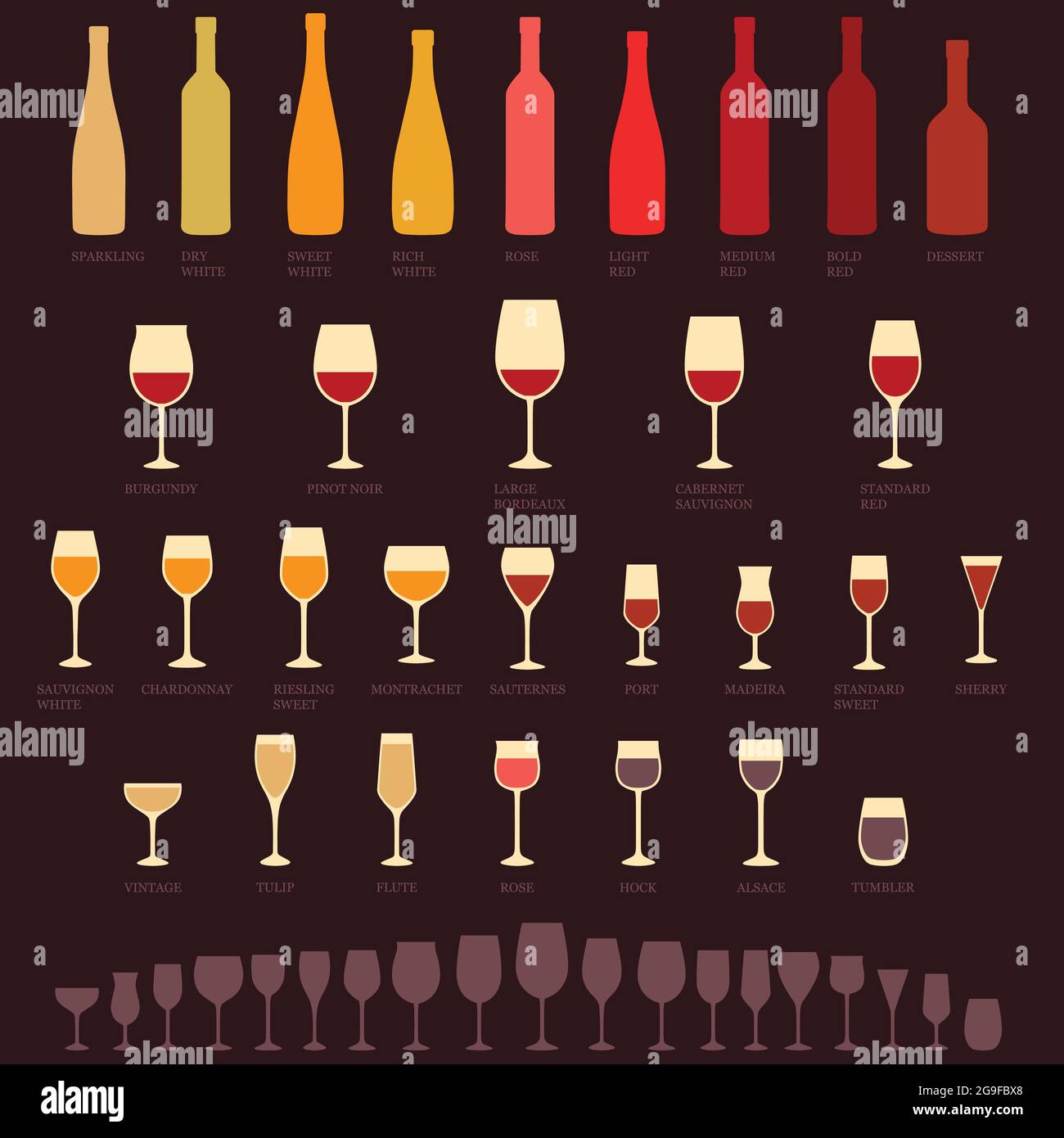 vector red and white wine glasses and bottle types, alcohol, drink